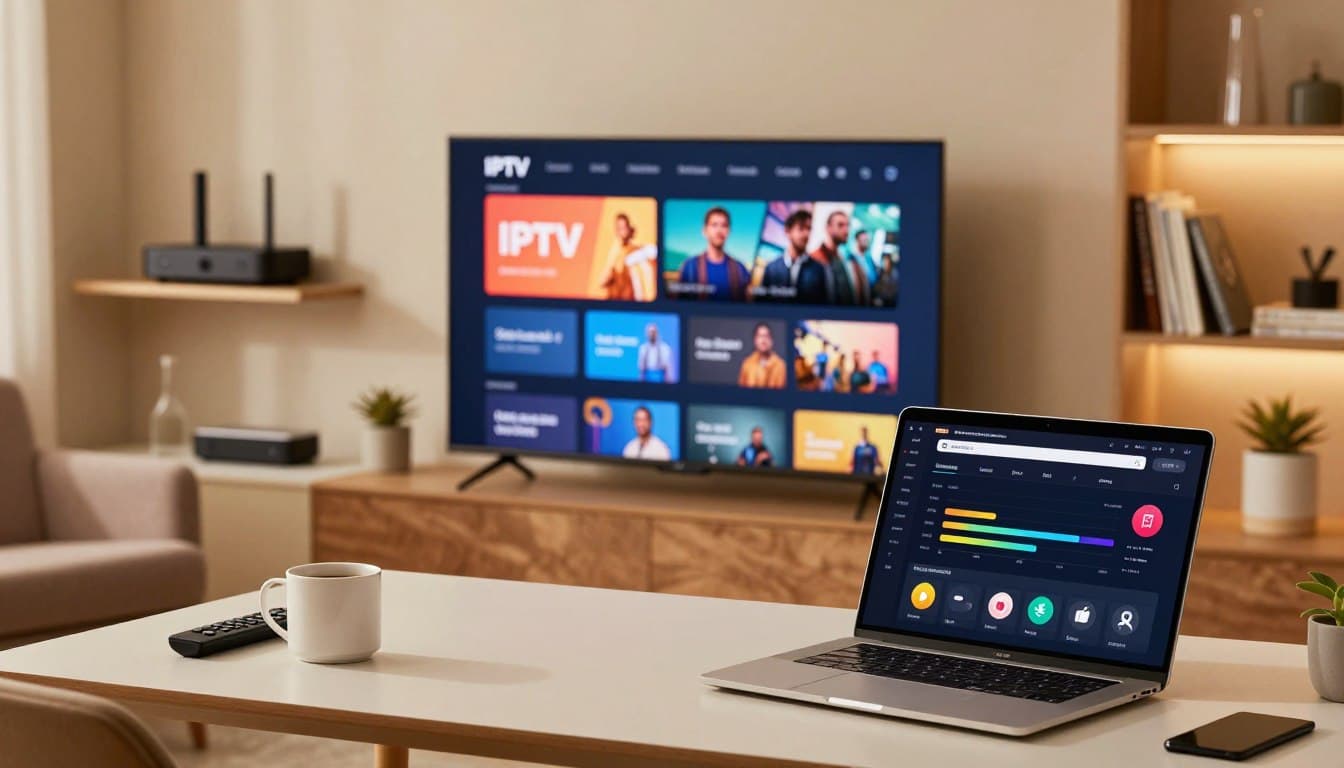IPTV funcionando em múltiplos dispositivos: Smart TV, notebook, celular e TV Box