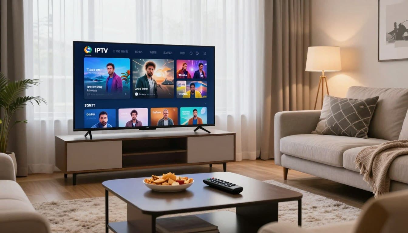 Interface IPTV em Smart TV exibindo diversos canais e conteúdos em uma sala de estar moderna