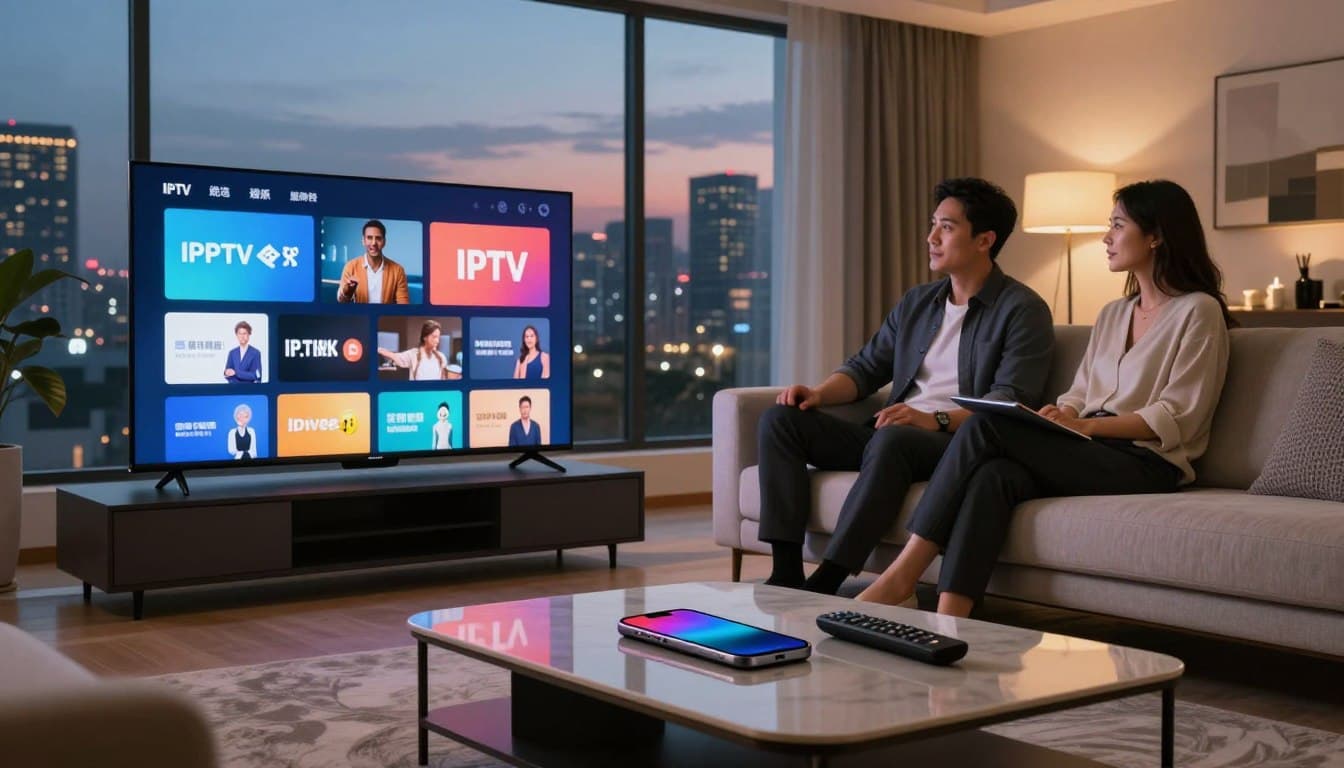 Casal assistindo IPTV em uma sala de estar moderna com vista para a cidade